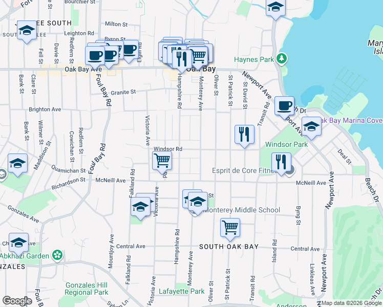 map of restaurants, bars, coffee shops, grocery stores, and more near 1058 Monterey Avenue in Victoria