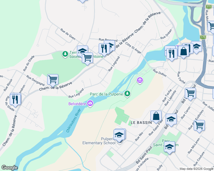 map of restaurants, bars, coffee shops, grocery stores, and more near 556 Rue Verreault in Saguenay