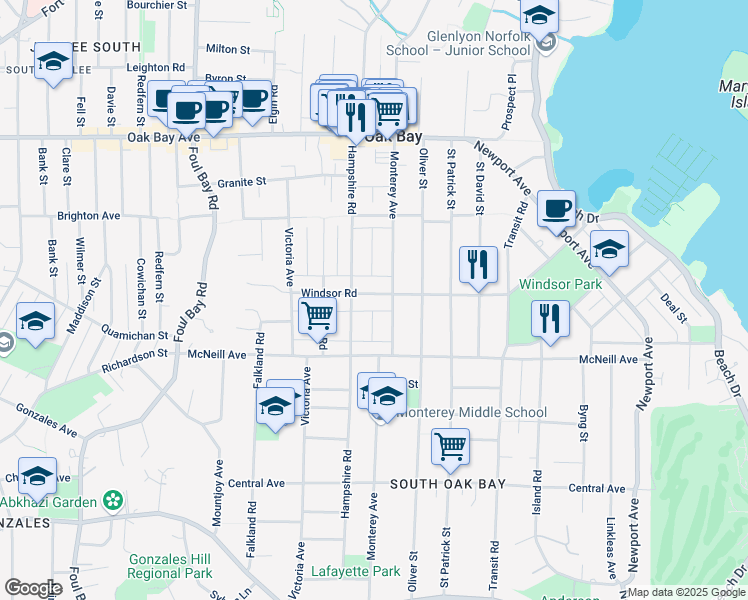 map of restaurants, bars, coffee shops, grocery stores, and more near 2231 Windsor Road in Victoria