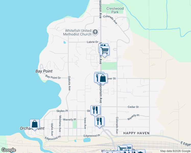 map of restaurants, bars, coffee shops, grocery stores, and more near 550 Wisconsin Avenue in Whitefish