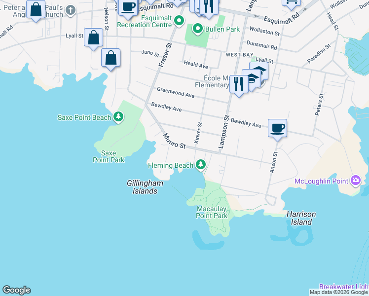 map of restaurants, bars, coffee shops, grocery stores, and more near 1149 Munro Street in Victoria