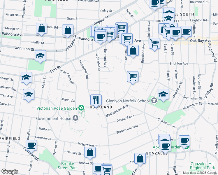 map of restaurants, bars, coffee shops, grocery stores, and more near 1540 Shasta Place in Victoria