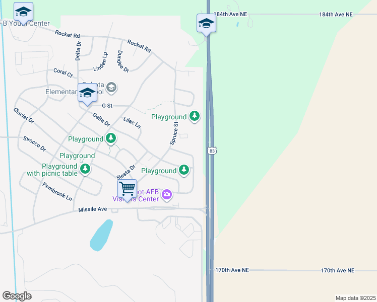 map of restaurants, bars, coffee shops, grocery stores, and more near 123-129 Winding Way in Minot AFB
