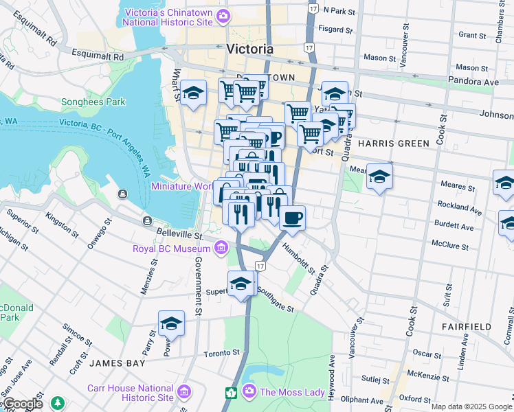 map of restaurants, bars, coffee shops, grocery stores, and more near 777 Douglas Street in Victoria