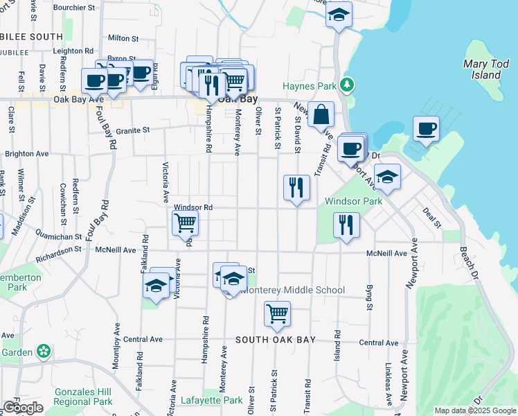 map of restaurants, bars, coffee shops, grocery stores, and more near 2302 Windsor Road in Victoria