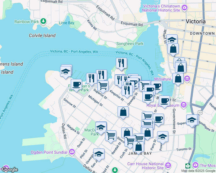 map of restaurants, bars, coffee shops, grocery stores, and more near 218 Kingston Street in Victoria