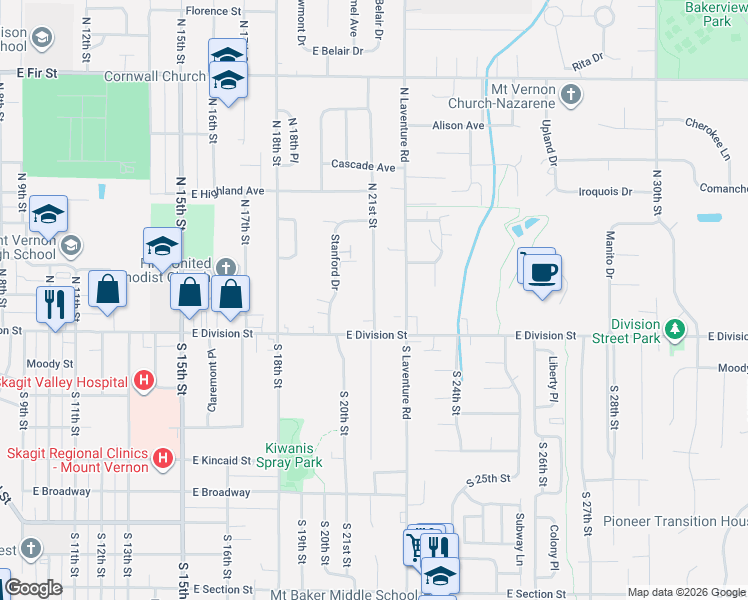 map of restaurants, bars, coffee shops, grocery stores, and more near 4 North 21st Street in Mount Vernon