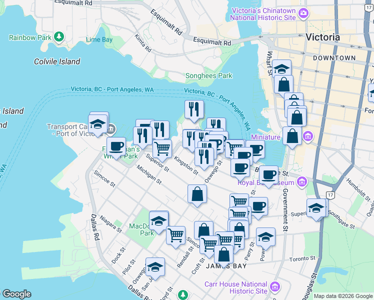 map of restaurants, bars, coffee shops, grocery stores, and more near 218 Kingston Street in Victoria