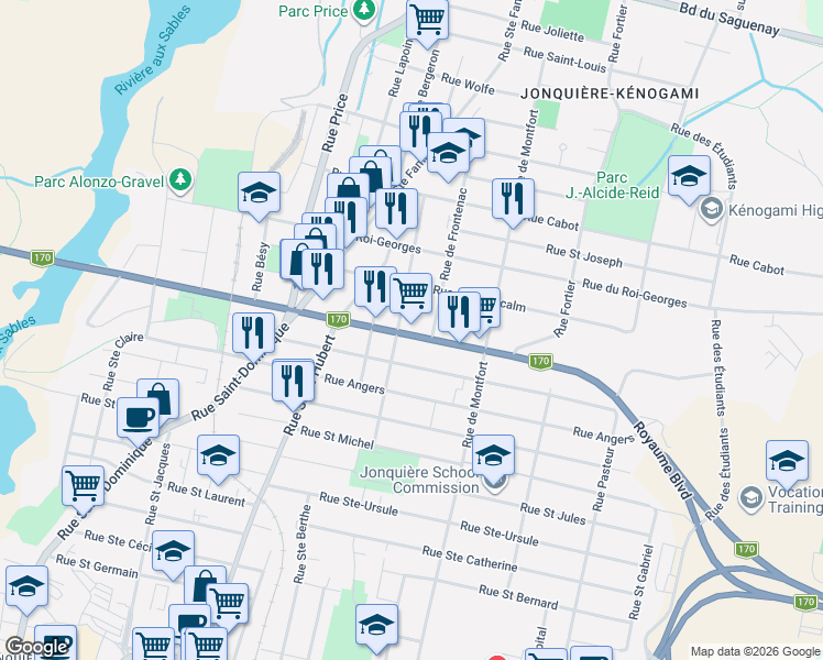 map of restaurants, bars, coffee shops, grocery stores, and more near 3688 Boulevard du Royaume in Saguenay