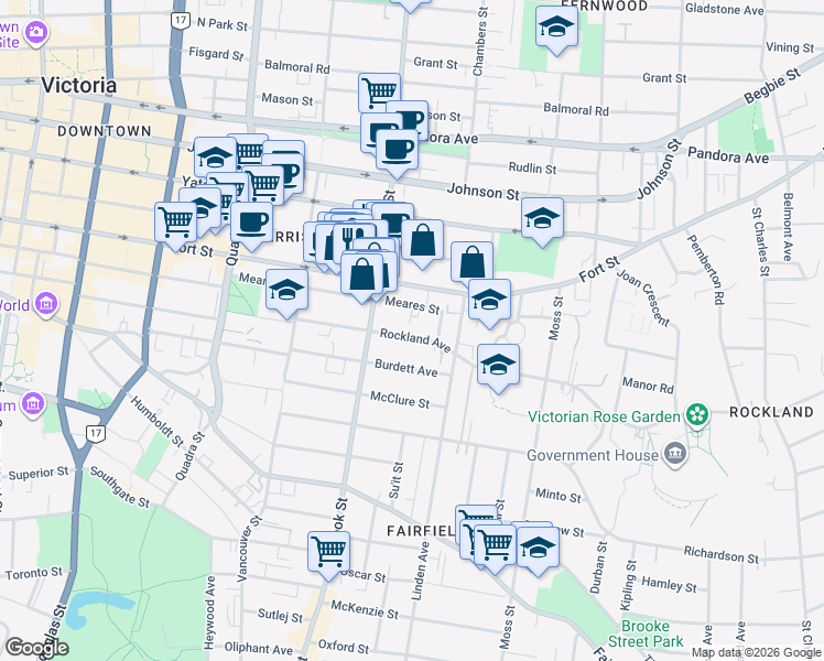 map of restaurants, bars, coffee shops, grocery stores, and more near 1144 Rockland Avenue in Victoria