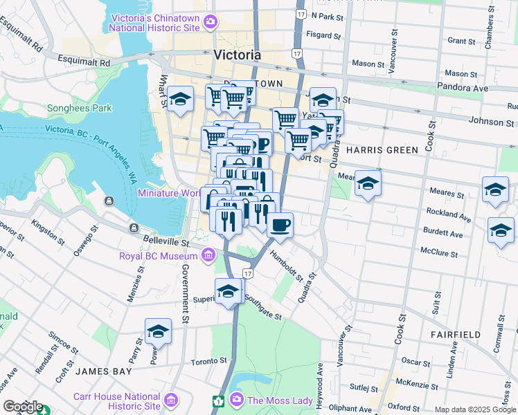 map of restaurants, bars, coffee shops, grocery stores, and more near 708 Burdett Avenue in Victoria