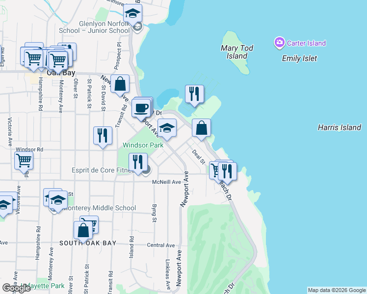 map of restaurants, bars, coffee shops, grocery stores, and more near 1053 Newport Avenue in Victoria