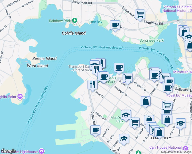 map of restaurants, bars, coffee shops, grocery stores, and more near 50 Dallas Road in Victoria