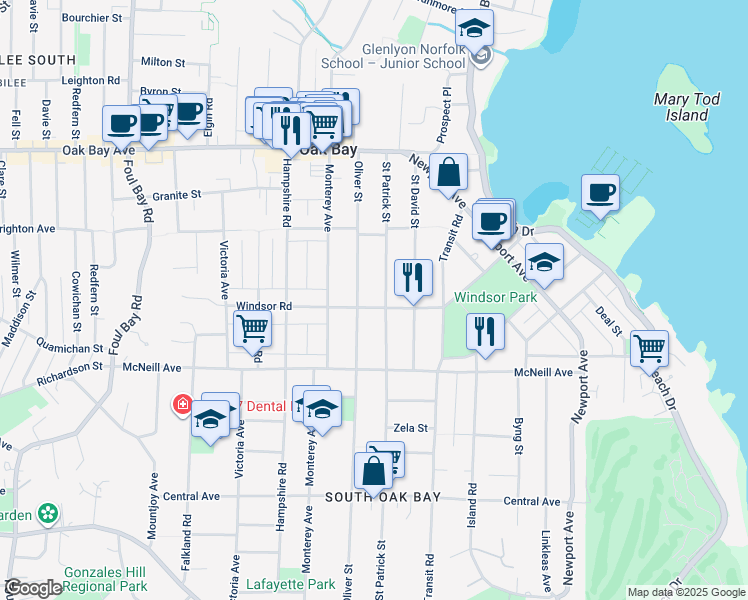 map of restaurants, bars, coffee shops, grocery stores, and more near 2314 Windsor Road in Victoria