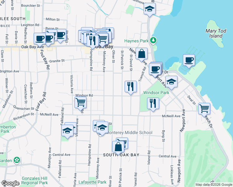 map of restaurants, bars, coffee shops, grocery stores, and more near 2314 Windsor Road in Victoria