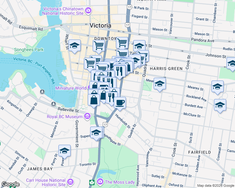 map of restaurants, bars, coffee shops, grocery stores, and more near 777b British Columbia 17 in Victoria