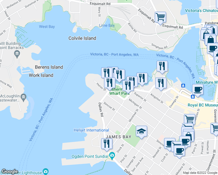 map of restaurants, bars, coffee shops, grocery stores, and more near 112 Ontario Street in Victoria