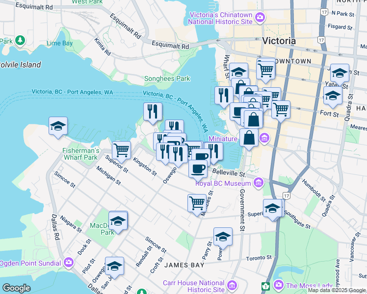 map of restaurants, bars, coffee shops, grocery stores, and more near 254 Belleville Street in Victoria