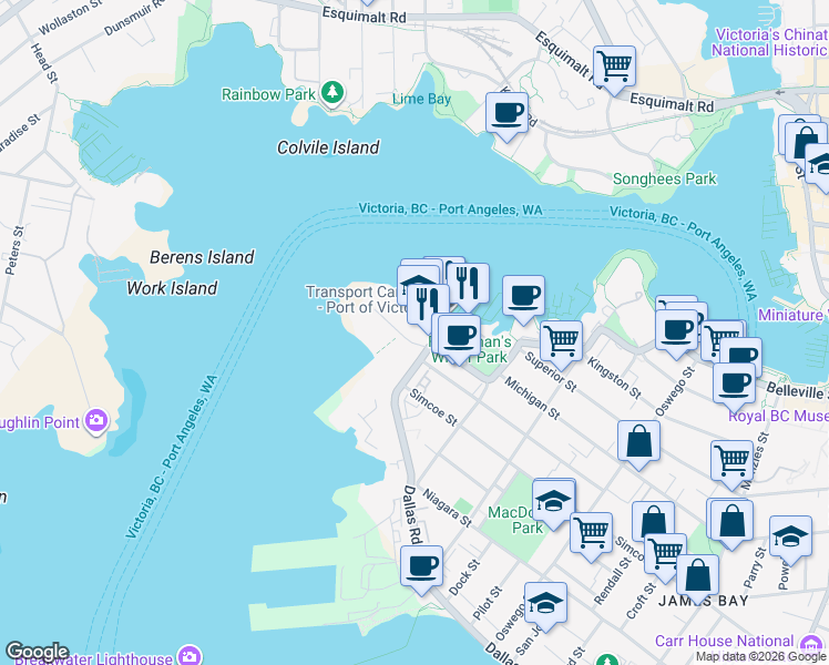 map of restaurants, bars, coffee shops, grocery stores, and more near 22 Huron Street in Victoria