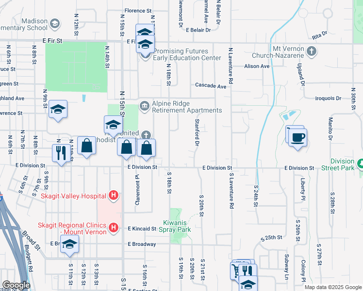 map of restaurants, bars, coffee shops, grocery stores, and more near 307 Stanford Drive in Mount Vernon