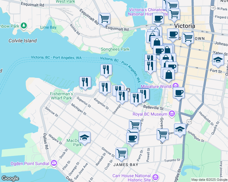 map of restaurants, bars, coffee shops, grocery stores, and more near 225 Belleville Street in Victoria