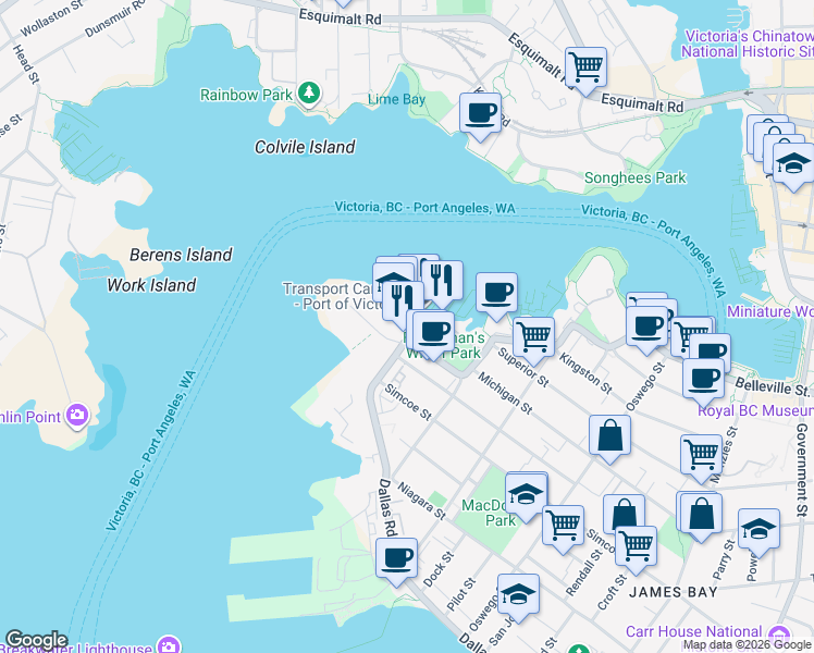 map of restaurants, bars, coffee shops, grocery stores, and more near in Victoria