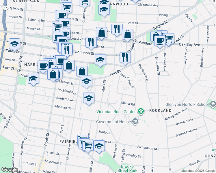 map of restaurants, bars, coffee shops, grocery stores, and more near 1114 Gillespie Place in Victoria