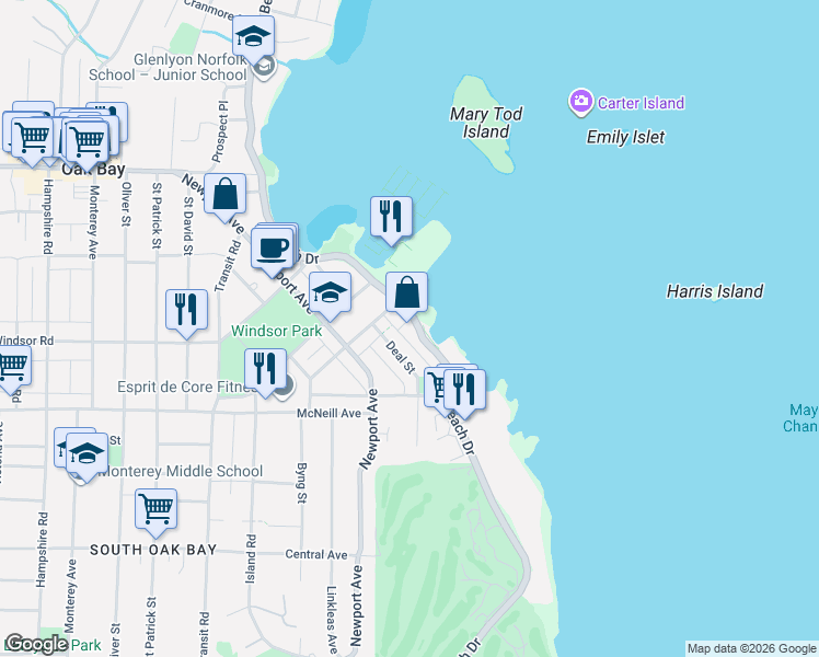 map of restaurants, bars, coffee shops, grocery stores, and more near in Victoria