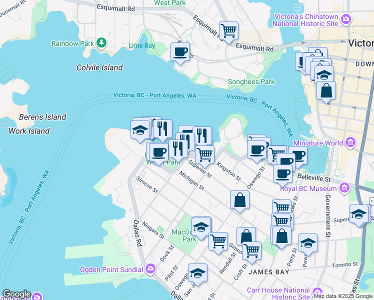 map of restaurants, bars, coffee shops, grocery stores, and more near 120 Kingston Street in Victoria