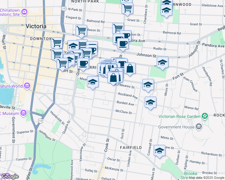 map of restaurants, bars, coffee shops, grocery stores, and more near 1052 Rockland Avenue in Victoria