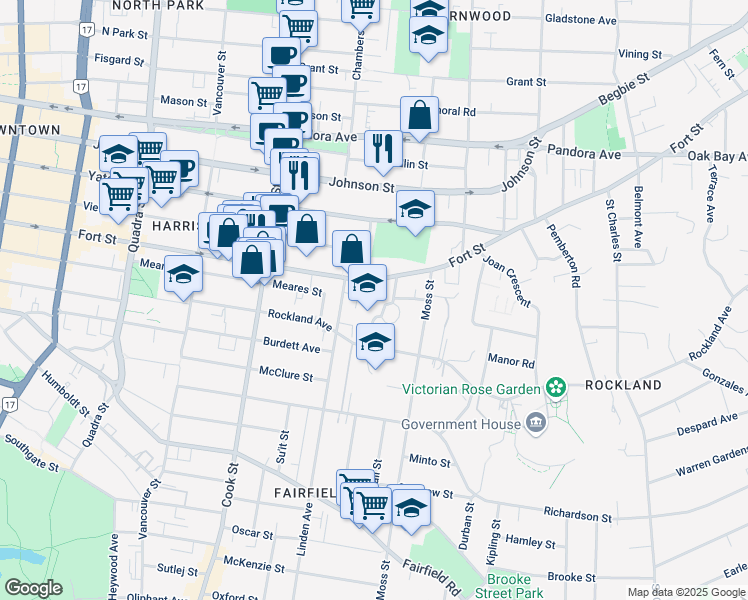map of restaurants, bars, coffee shops, grocery stores, and more near 1208 Fort Street in Victoria