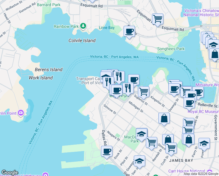 map of restaurants, bars, coffee shops, grocery stores, and more near in Victoria