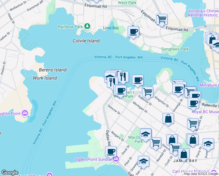 map of restaurants, bars, coffee shops, grocery stores, and more near 21 Dallas Road in Victoria