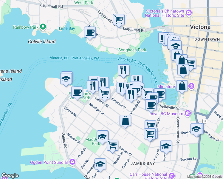 map of restaurants, bars, coffee shops, grocery stores, and more near 630 Montreal Street in Victoria