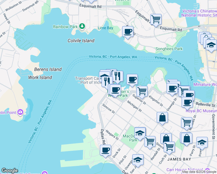 map of restaurants, bars, coffee shops, grocery stores, and more near in Victoria