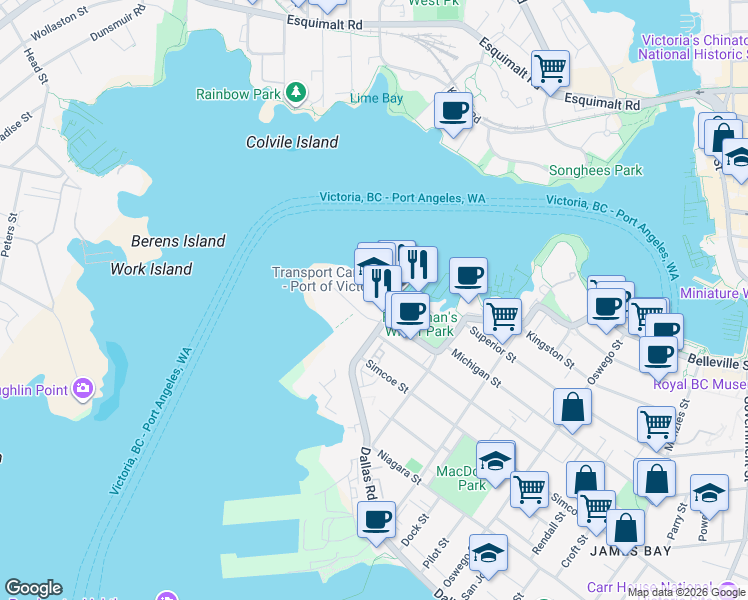 map of restaurants, bars, coffee shops, grocery stores, and more near 22 Huron Street in Victoria