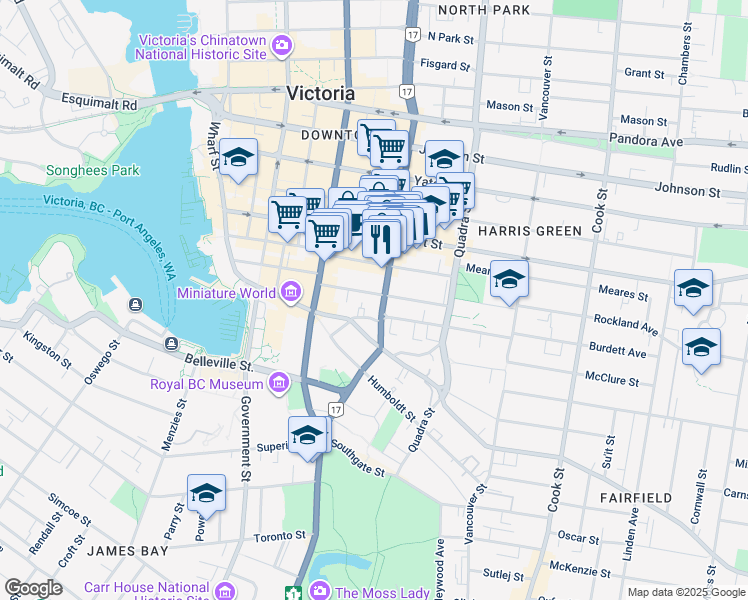 map of restaurants, bars, coffee shops, grocery stores, and more near 970 Blanshard Street in Victoria