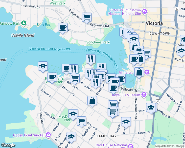 map of restaurants, bars, coffee shops, grocery stores, and more near 225 Belleville Street in Victoria