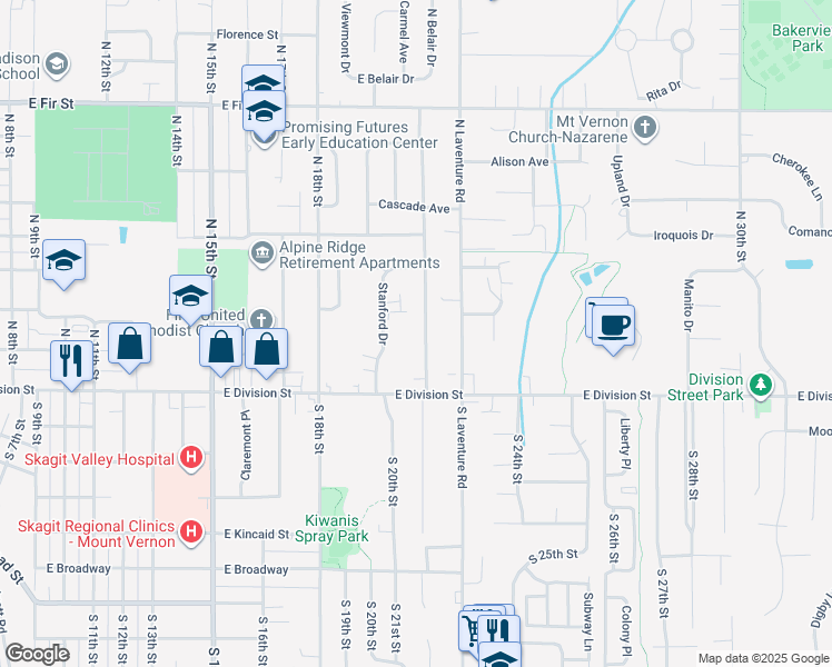 map of restaurants, bars, coffee shops, grocery stores, and more near 225 North 21st Street in Mount Vernon