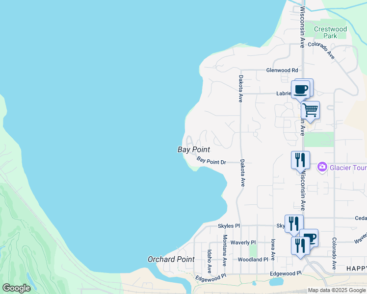 map of restaurants, bars, coffee shops, grocery stores, and more near 300 Bay Point Drive in Whitefish