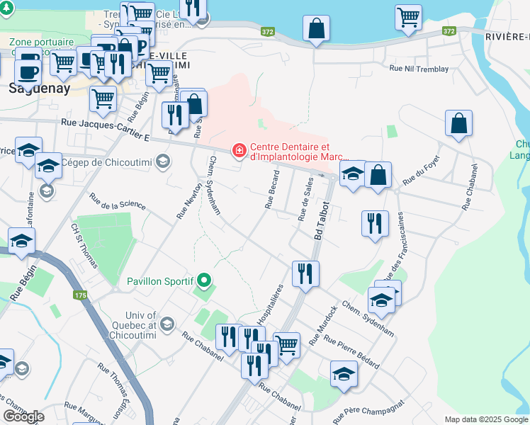 map of restaurants, bars, coffee shops, grocery stores, and more near Rue Becard in Saguenay
