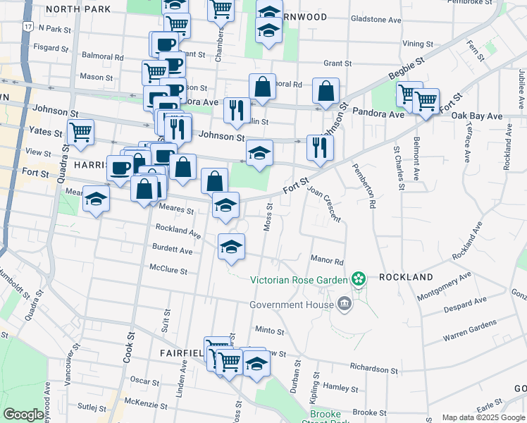 map of restaurants, bars, coffee shops, grocery stores, and more near 1070 Moss Street in Victoria
