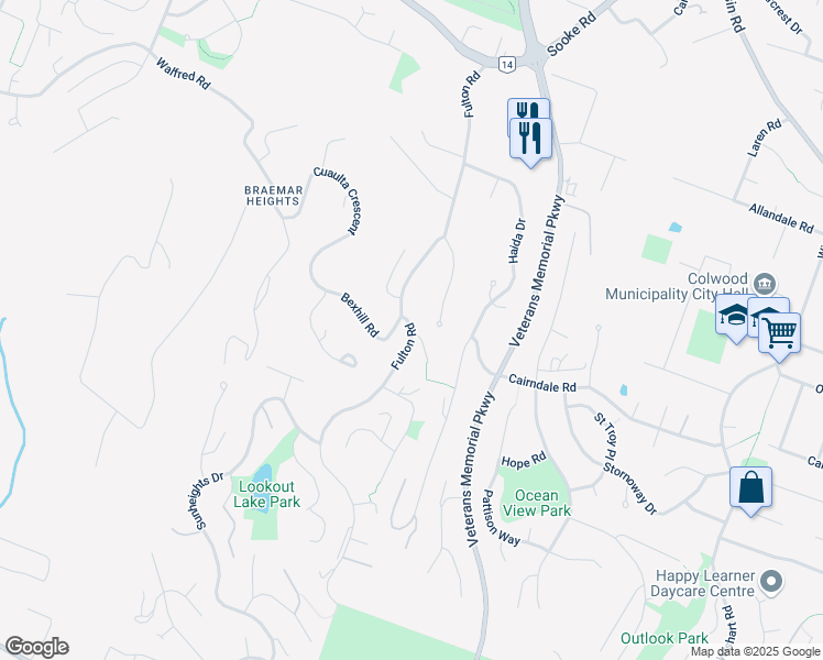 map of restaurants, bars, coffee shops, grocery stores, and more near Fulton Road in Victoria