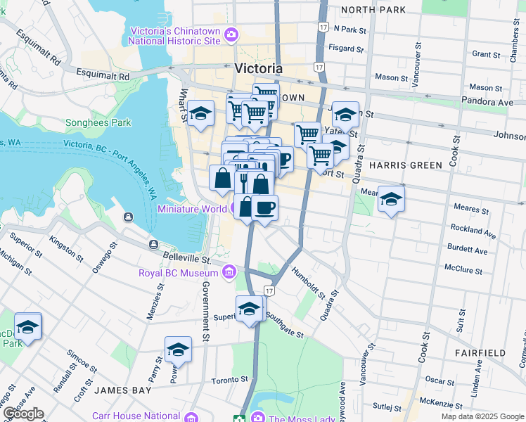 map of restaurants, bars, coffee shops, grocery stores, and more near 880 Douglas Street in Victoria