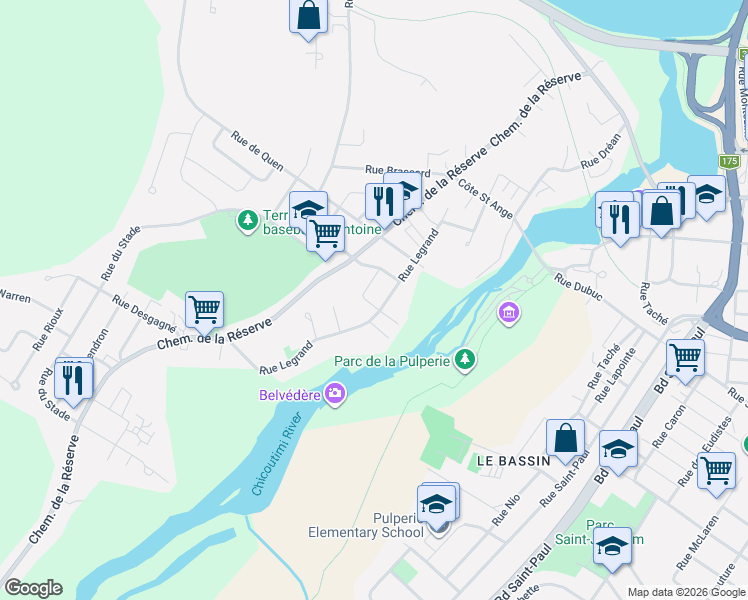 map of restaurants, bars, coffee shops, grocery stores, and more near 556 Rue Verreault in Saguenay