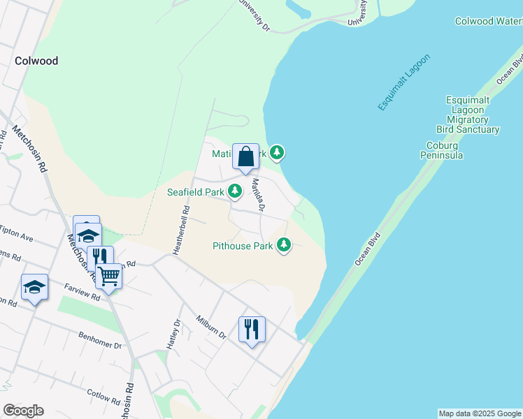 map of restaurants, bars, coffee shops, grocery stores, and more near 3194 Matilda Drive in Victoria