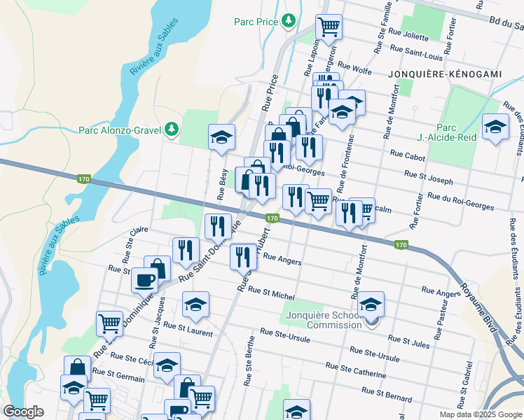 map of restaurants, bars, coffee shops, grocery stores, and more near 3761 Boulevard du Royaume in Saguenay