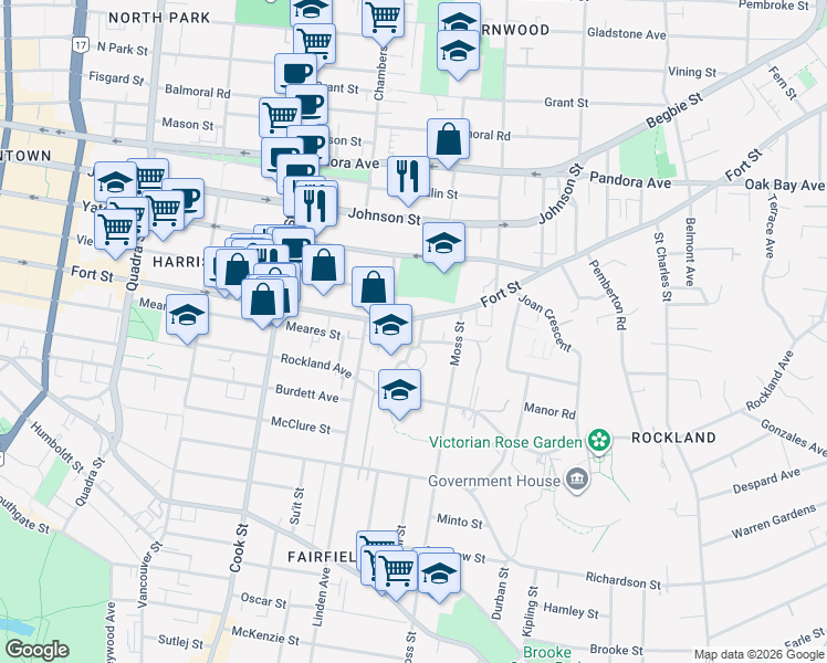map of restaurants, bars, coffee shops, grocery stores, and more near 1208 Fort Street in Victoria