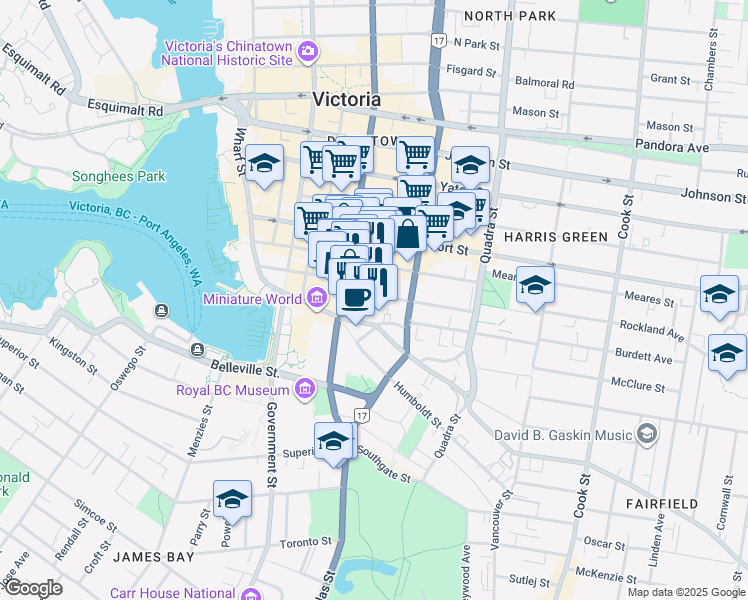 map of restaurants, bars, coffee shops, grocery stores, and more near 716 Courtney Street in Victoria