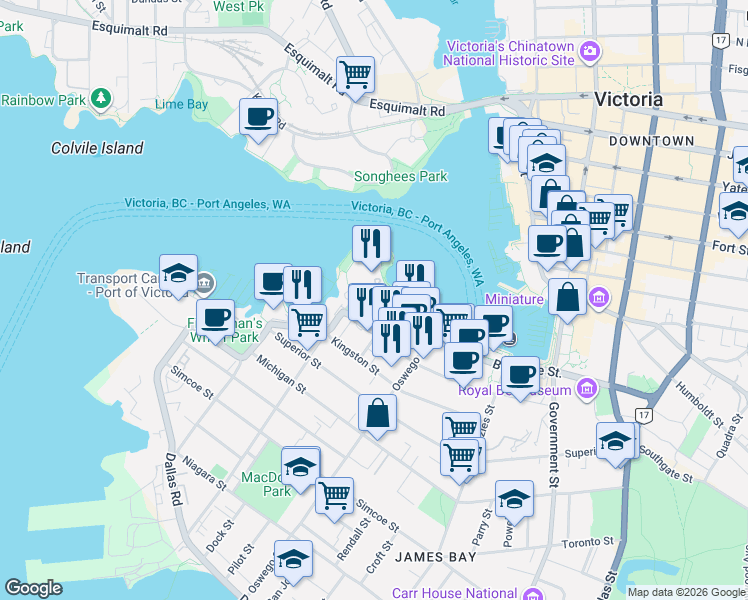map of restaurants, bars, coffee shops, grocery stores, and more near in Victoria
